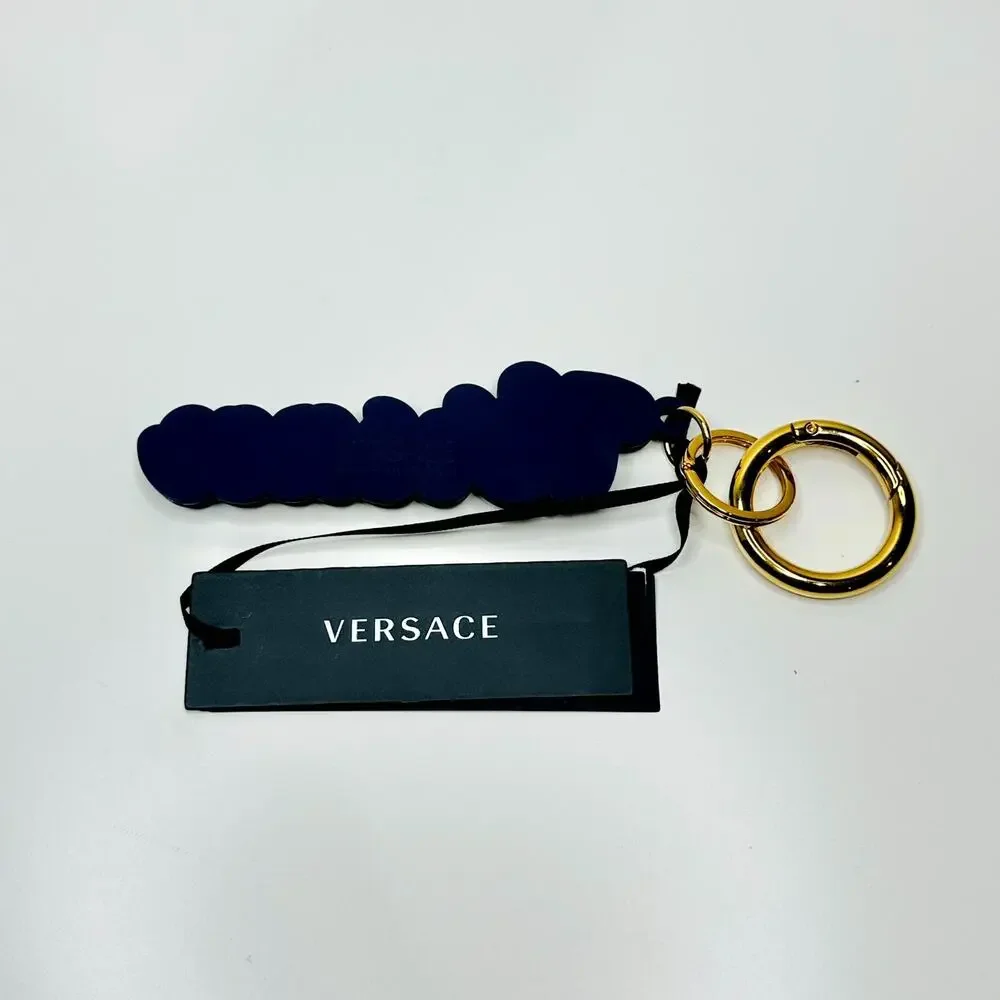 Versace Unisex Key Ring Gold Round Blue Silicone Charm Logo Key Chain NWT $225